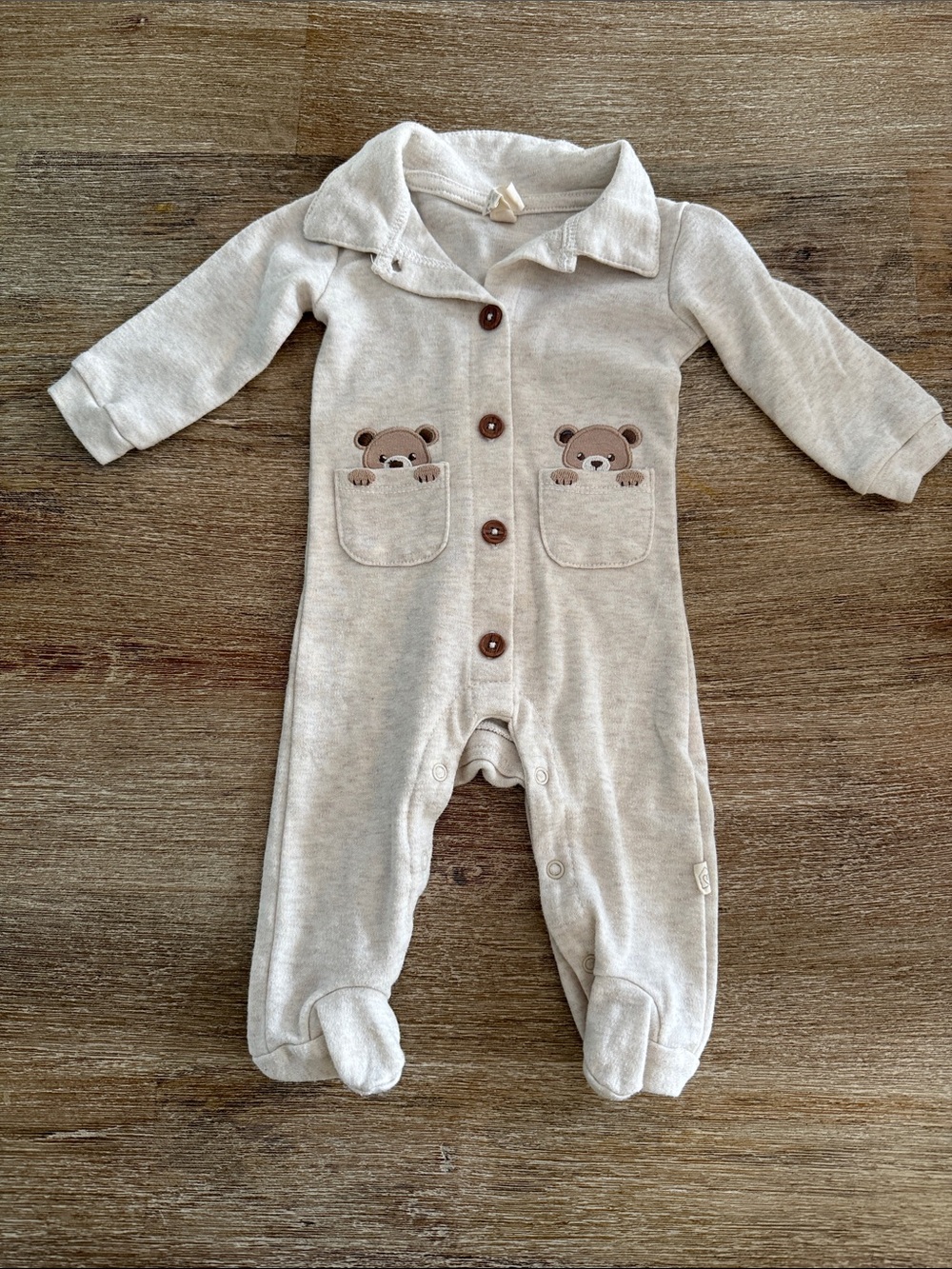 Beige Bear Pocket Footed One-Piece for Babies